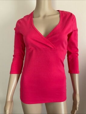 VS Tee Shop Wrap Front Watermelon Pink 3/4 Sleeve Cotton Top